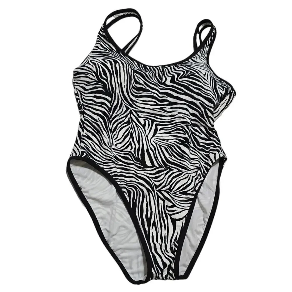 Michael Kors Womens Zebra Print High‎ Cut Scoop Back One Piece Swimsuit Size 10 - Picture 6 of 11